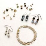 Odd 9ct gold earrings - some stone set (2.3g total weight) t/w tri-colour silver bracelet & 6 x