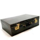 Antique black crocodile leather suitcase with brass locks - 56cm x 36cm x 16cm & lacks tray & stains