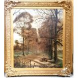 Large framed antique / Victorian oil painting on canvas of a tree lined avenue - 95cm x 82cm with