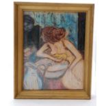 Original framed vintage pastel painting of a woman washing with a jug & bowl - 23cm x 18.5cm