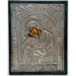 950 silver clad Greek icon hand painted image of Madonna + child - 30cm x 24cm
