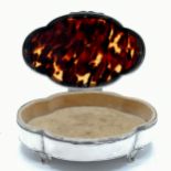 Silver & tortoiseshell ring box with velvet interior on footed base - 13cm across x 9cm wide x 4.5cm