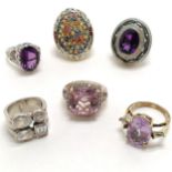 6 x impressive stone set silver rings inc amethyst, garnet, multi coloured sapphire (?) etc - 61g