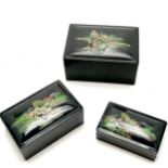 Oriental graduated set of 3 x lacquered boxes with splash gilding to interior - largest 11cm x 8cm x