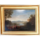 Framed oil painting by a follower of Adriaen van Diest (1655-1704) of a pastoral scene with figures