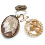 9ct marked gold hand carved antique shell cameo portrait brooch - 3.5cm & 6.3g total weight t/w