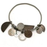 Twisted white metal bangle with coins / half coins / tokens inc with etched names ~ total weight 24g