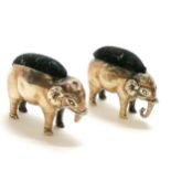 2 x Novelty antique silver elephant pin cushions (largest by H V Pithey & Co ~ 4.5cm long) ~ total