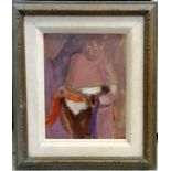 Framed & signed abstract oil on board painting of a figure carrying another figure - 54cm x 46cm
