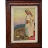 Framed oil painting on board of a lady looking out to sea signed A O'Kelly - 31.5cm x 24.5cm