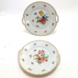 2 x Dresden cake plates with hand painted flower decoration & gilding - 26cm across & in good used