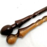 2 x African carved walking sticks with large bulbous handles & carved spiral detail to shaft -