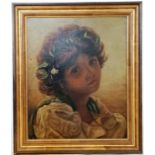 Original portrait oil painting on board of a young girl with a flower garland in her hair - 41cm x