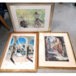 3 x framed original paintings inc street scene by John Lendrum, 2 horse riders & Spanish scene