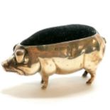 Novelty antique silver pig pin cushion with original pad by Adie & Lovekin Ltd - 6.5cm long & 47g