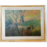 Framed oil on board painting of a man collecting leaves in a wheelbarrow in a park signed Cedric