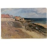 Oil painting on canvas (mounted on board) of some houses near the sea signed W M Fisher - 36cm x
