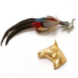 Elias pewter horse head brooch t/w unusual duck brooch with feather detail (length 14cm)