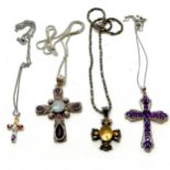 4 x silver crosses (stone set & amber set) - 3 on silver chains, smallest cross on w/m chain ~ total