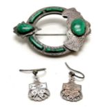 Antique unmarked silver Scottish malachite set brooch t/w pair of silver 1881 drop earrings