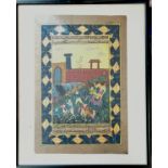 Antique Indo-Persian hand painted depiction of figures on elephant / horse / camel with script -