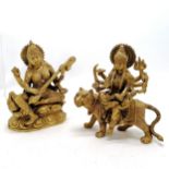 Two gilt bronze Deity figures - Durga riding a tiger and Saraswati on a lotus leaf - tallest 24cm