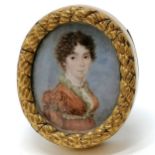 Antique period hand painted portrait miniature in a carved gilt wood oval frame - 8cm x 6.5cm ~