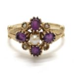 9ct hallmarked gold amethyst / pearl ring - size L½ & 2.7g total weight ~ 1 pearl missing