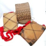 Three tribal/Nepalese rattan back packs/bags tallest 47cm high, two have red cotton straps in good