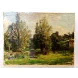 Oil on board painting of a river scene signed on reverse Walter c s Hutton and has label - 30.5cm