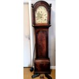 Antique mahogany cased Grandfather clock with weights, key and pendulum. The painted dial has loses,