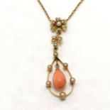 Antique 15ct marked gold coral / seed pearl pendant necklace - length 44cm & total weight 3.9g