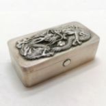 Unmarked oriental silver box with push button catch & embossed dragon / pearl decoration to top -