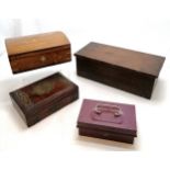 3 x wooden boxes inc antique brass mounted, Indian brass inlaid jewellery box- largest 42cm x 19cm x