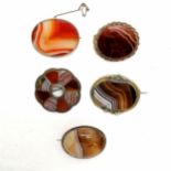 5 x banded agate brooches - largest 5cm ~ cabochon brooch has chip to reverse, the sectional one has