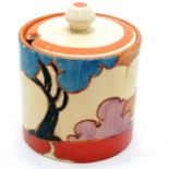 Clarice Cliff c.1932 Fantasque Bizarre 'Autumn' pattern jam pot with associated lid - 9cm high & 7.