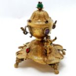 Continental antique bronze ormolu table inkstand set with garnets / amethysts / malachite etc - 15cm