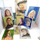 10 x original portrait paintings inc man wearing a cap - largest 51cm x 40cm