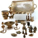 Qty of brassware inc pair of Indian cobra candlesticks (15cm high), qty of bells, Indian tray etc