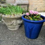 Blue glazed planter 37cm diameter x 35cm high t/w another