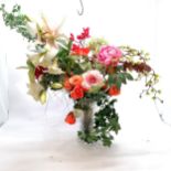 Large cut glass vase (30cm high) containing large amount of silk & other flowers / foliage