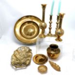 Antique brass alms dish (46cm diameter) with armourial crest, antique Indian pot, candlesticks, leaf