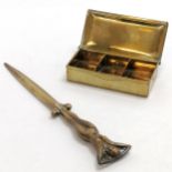 Antique brass stamps box (8cm x 4cm x 1.5cm) t/w bronze nude lady letter opener with M.B Regd