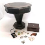 Antique trumpet workbox table a/f-t/w rosewood & mother of pearl decorated jewellery box, antique