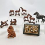 Antique Chinese hand carved wooden panel (17cm x 11cm & chip to reverse), 7 carved wooden horses,