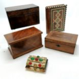 5 x boxes inc 2 tea caddies, book box (22cm x 16cm x 4cm), camel bone and jewel set, carved stone