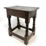 Antique oak coffin joint stool - 46cm x 28cm x 51cm high ~ the top is 1 piece ~ has old worm to base