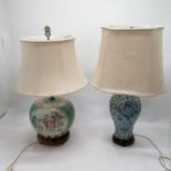 2 x Chinese lamps with silk shades - blue & white total height 65cm ~ both are a/f