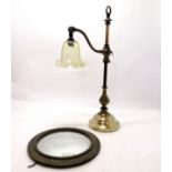 Antique brass rise and fall lamp base with adjustable angled shade with a vaseline swirled glass