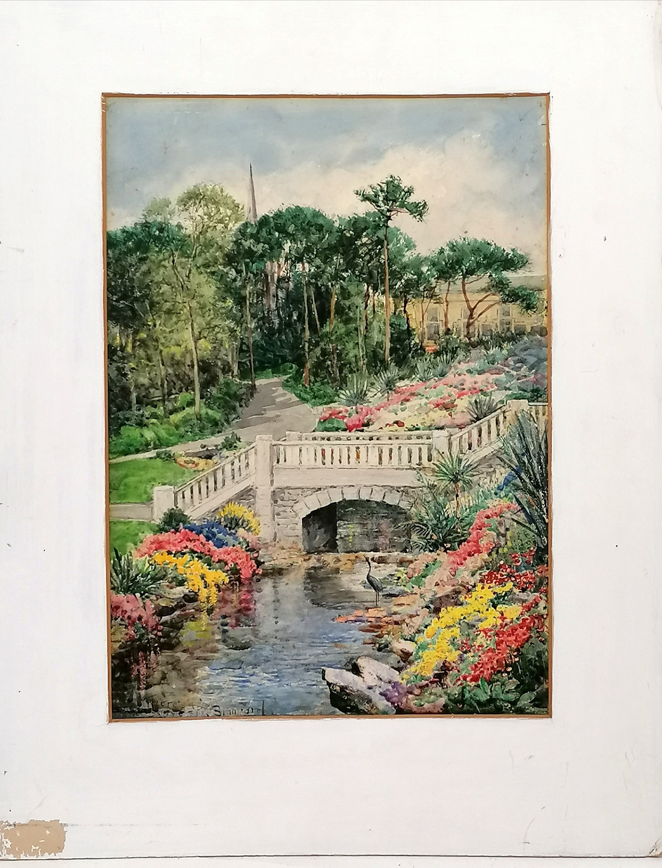 Mounted watercolour painting of a Bournemouth park scene by Theresa Sylvester Stannard (1898-1947) -